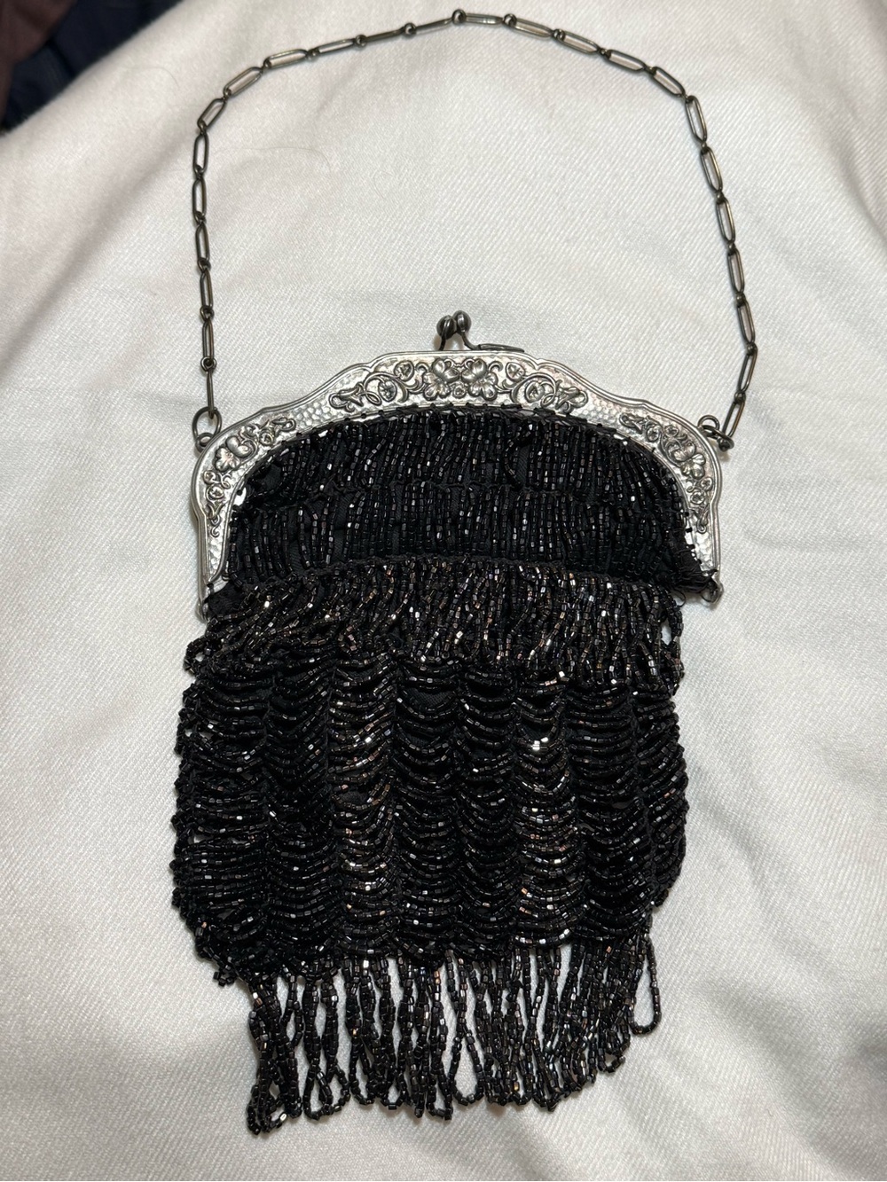 Antique 1920s Black Beaded Flapper Purse Art Deco Frame Fringe Evening Bag